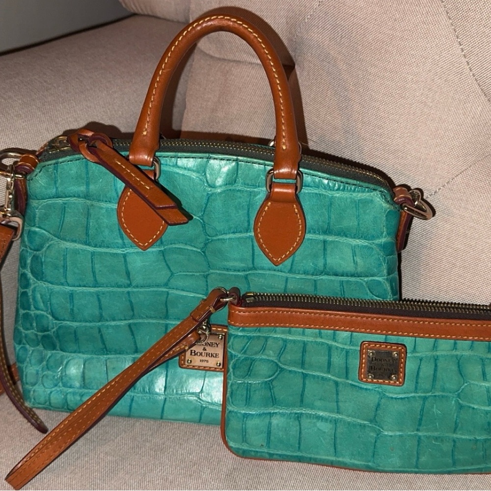 Dooney & Bourke Turquoise and Brown Croc-Embossed Satchel